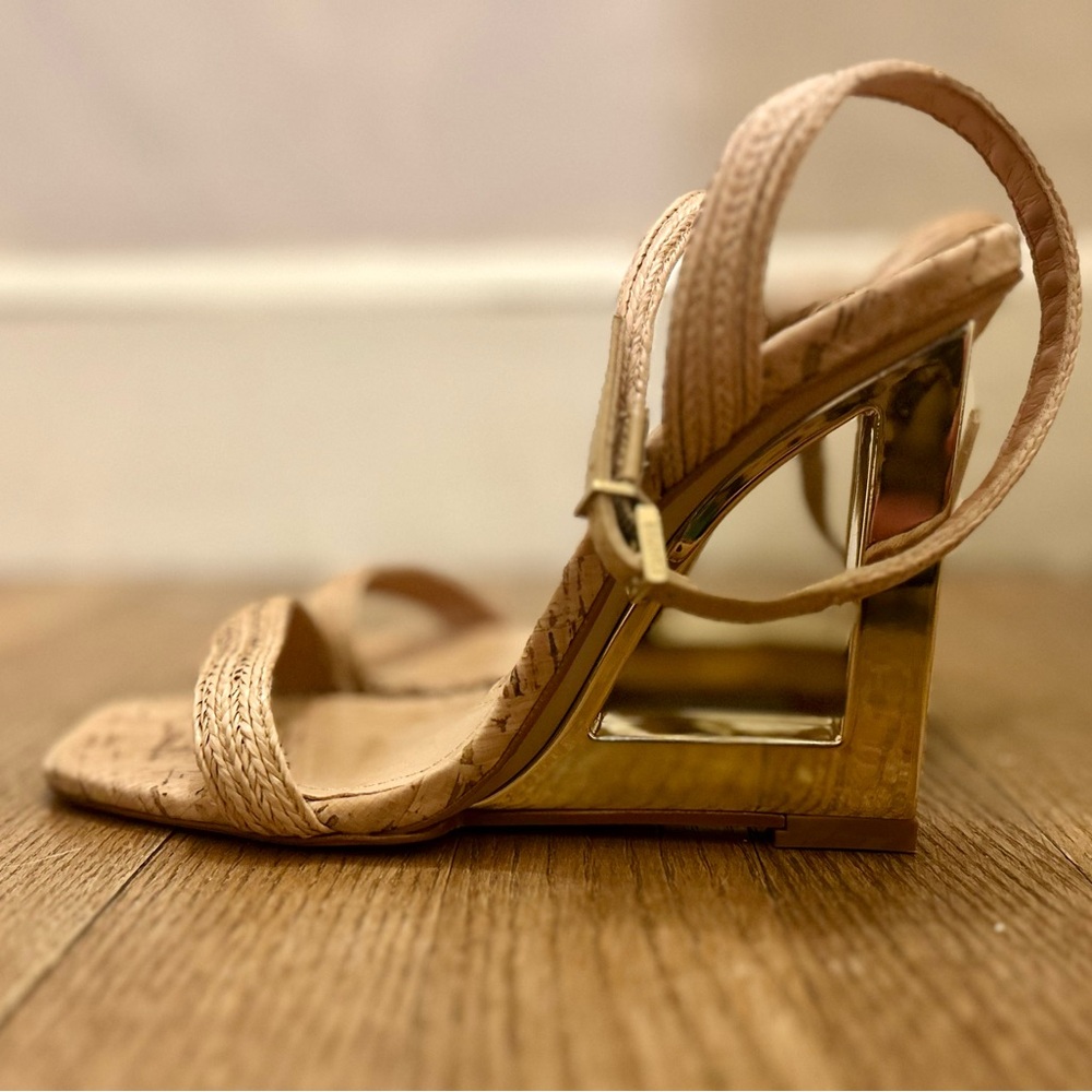 Schutz Gold & Tan Wedge Sandals